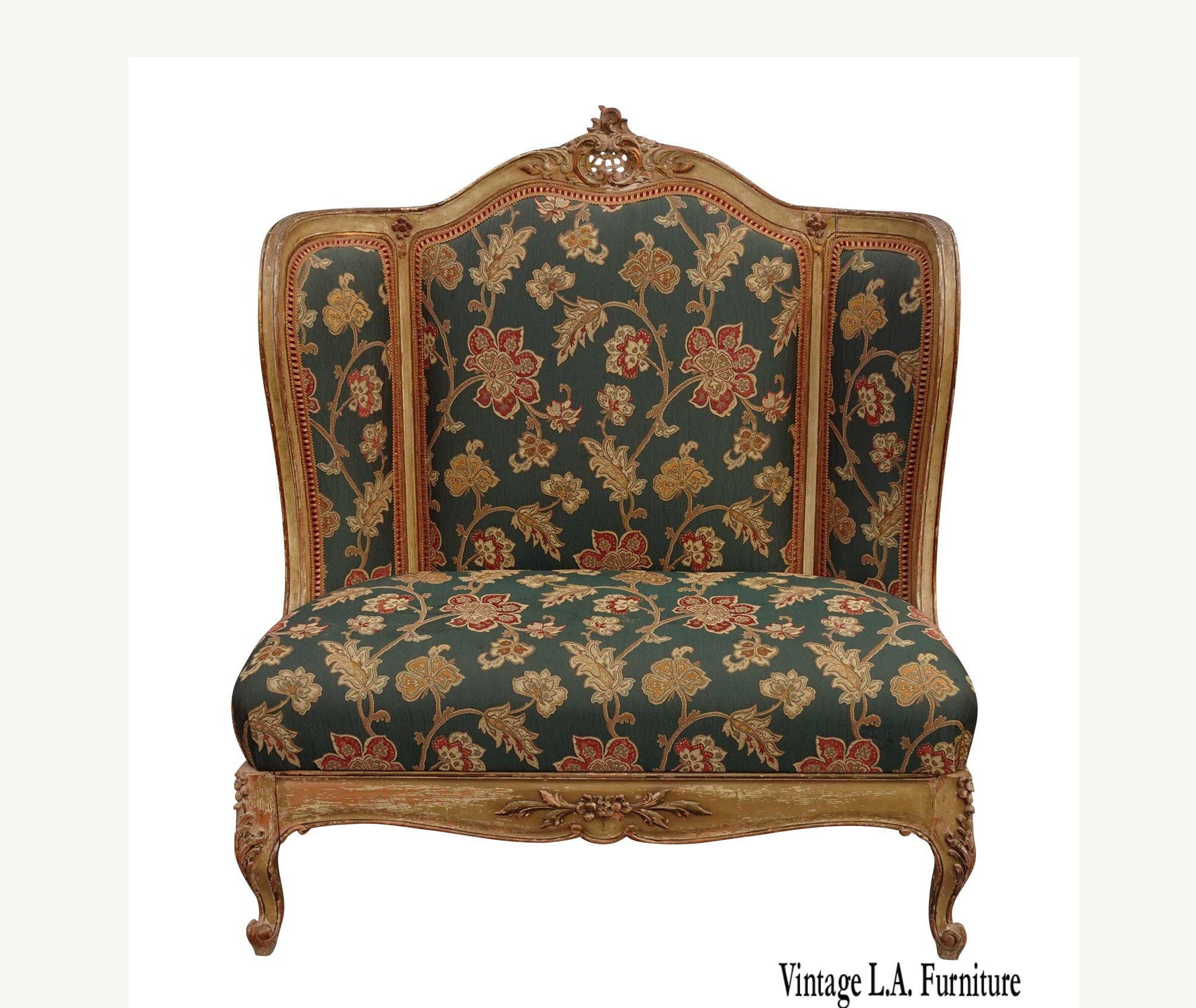 Vintage French Provincial Louis XVI Rococo Ornate Gold Floral Settee w