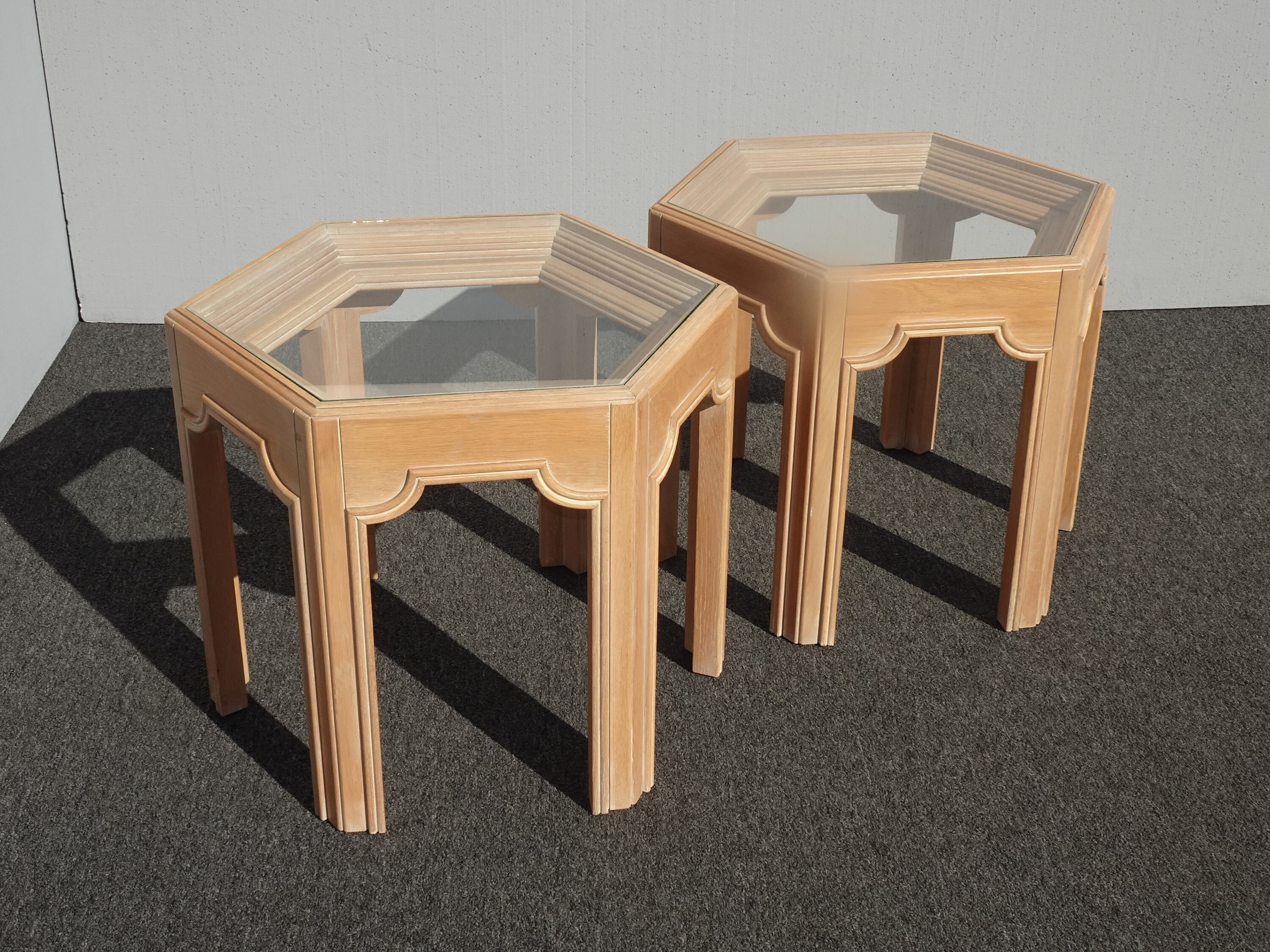 Vintage Mid Century Tan White Wash Hexagon Glass End Tables by Gordons