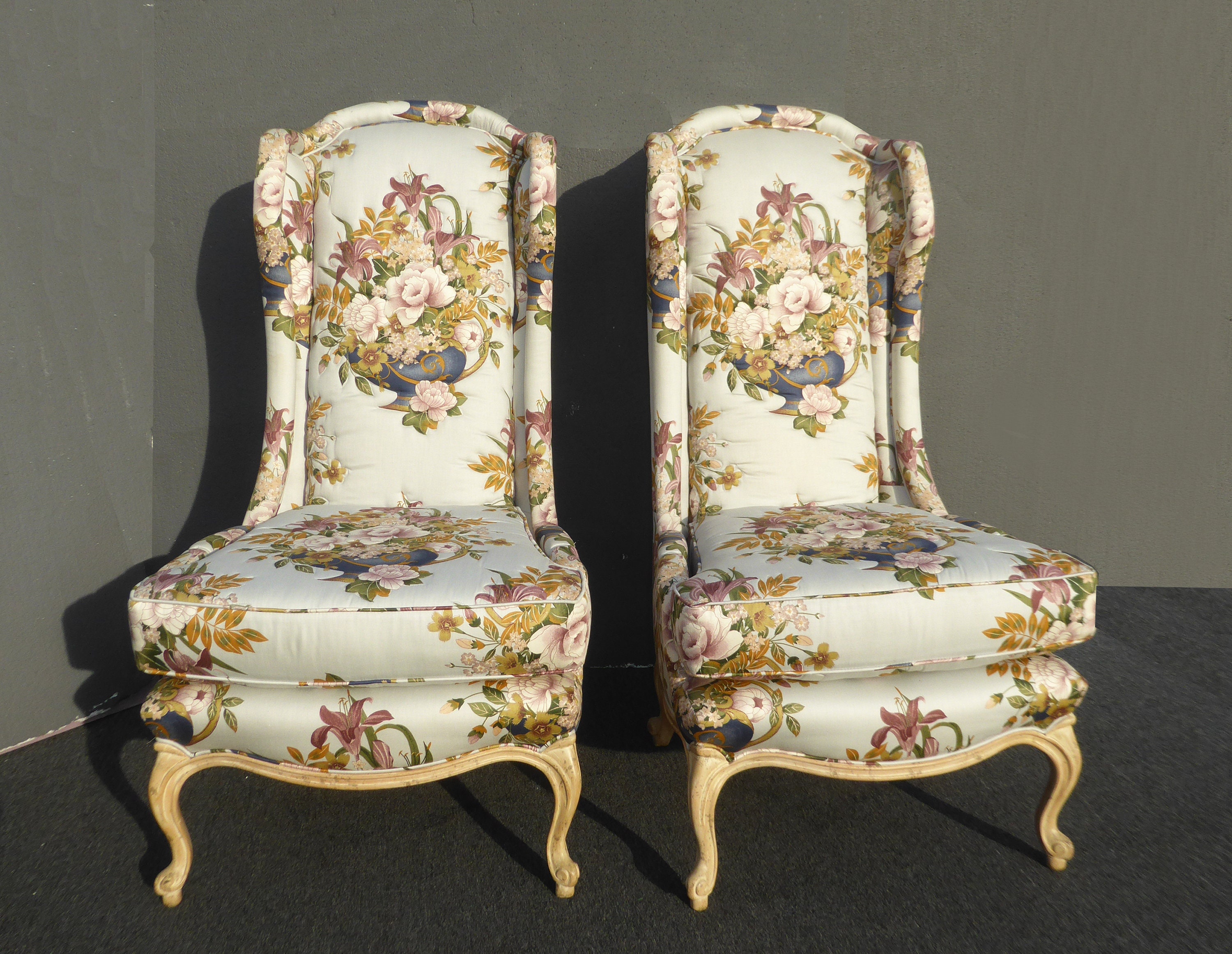Vintage Pair of Designer French Country Floral High Back Wingback Chairs