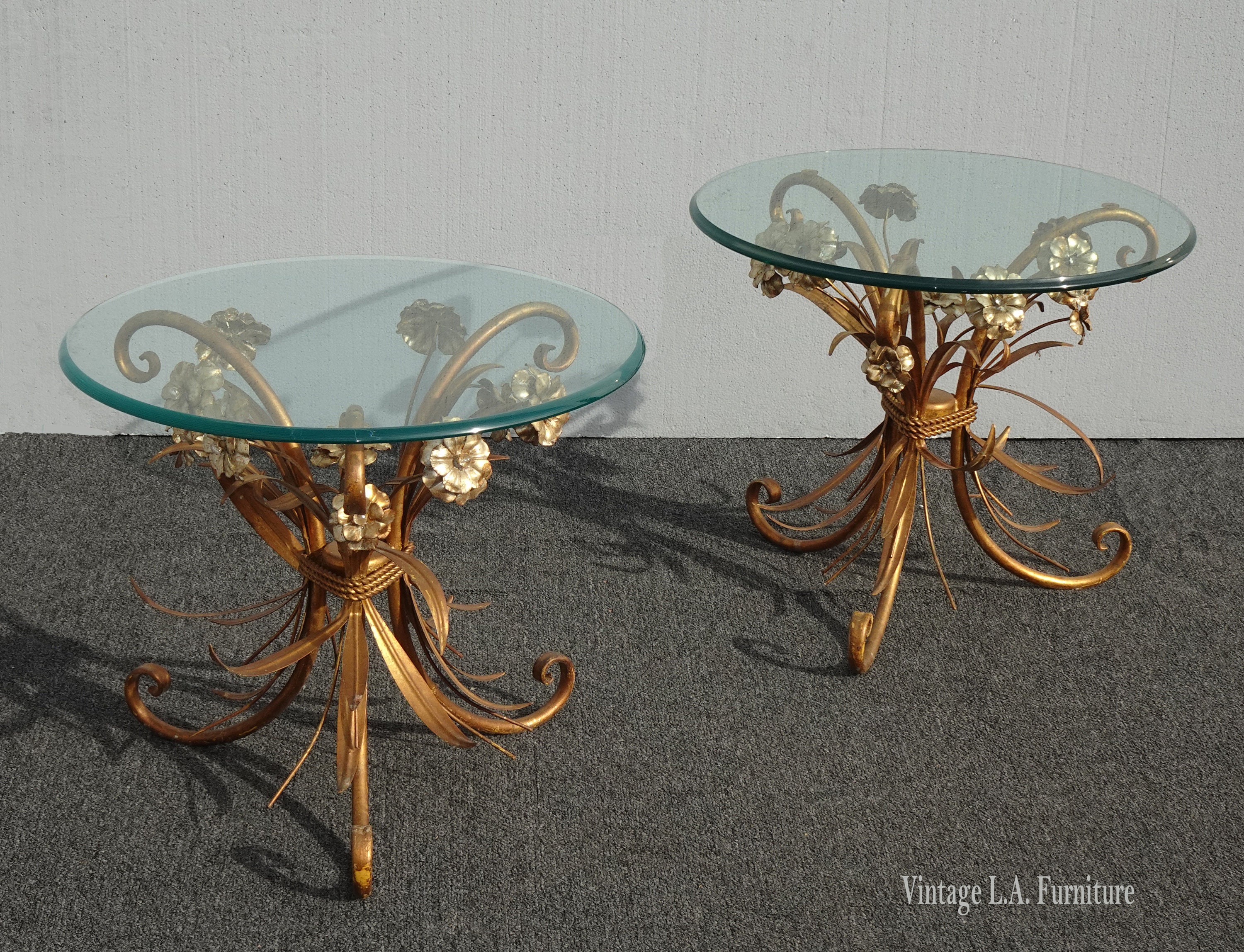 Pair of Vintage Mid Century Italian Gold Metal Wheat Sheaf Style Side End Tables
