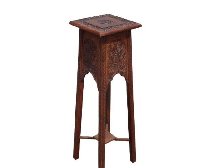 Vintage Oriental Asian Solid Highly Carved Wood Brown Plant Stand Side Table