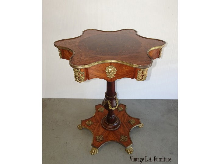 French Louis XVI Burl Marquetry Side Table Sun Burst Design w Brass Claw Feet