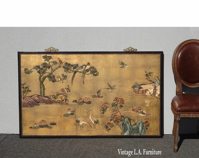 Large 36x60 Vintage Oriental Asian Chinoiserie Gold Wall Mantle Picture Screen