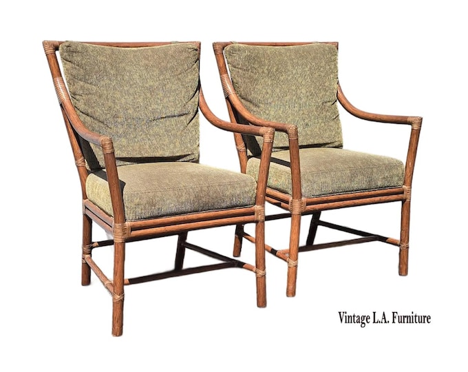 Pair of Vintage McGuire Orlando Diaz-Azcuy Bamboo Rattan Chairs w Leather Straps