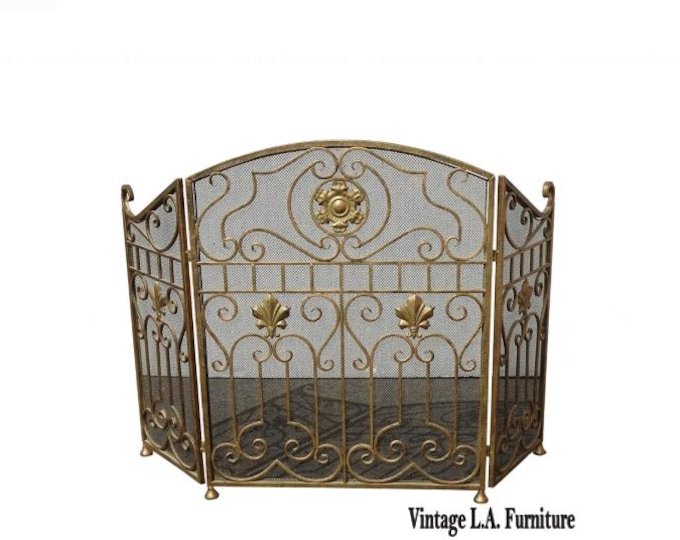 Vintage French Country Three Panel Gold Fireplace Screen ~ French Country
