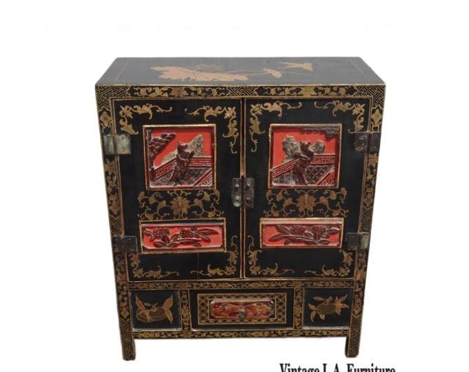 Vintage Oriental Asian Black & Red Hand Painted Lacquer Cabinet Side Table