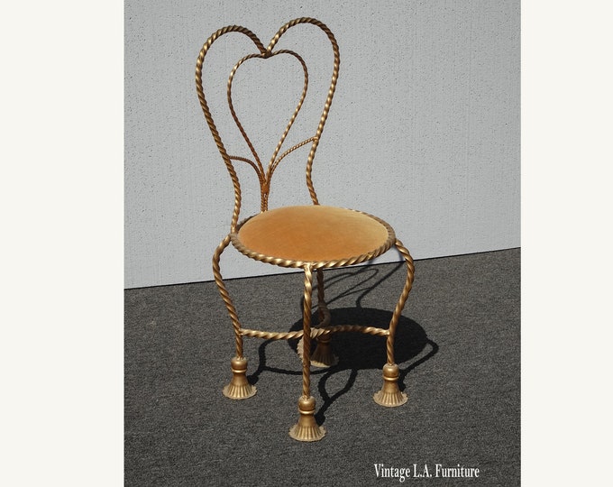 Italian Hollywood Regency Gold Metal Gold Heart Shaped Chair w Bell Shaped Feet