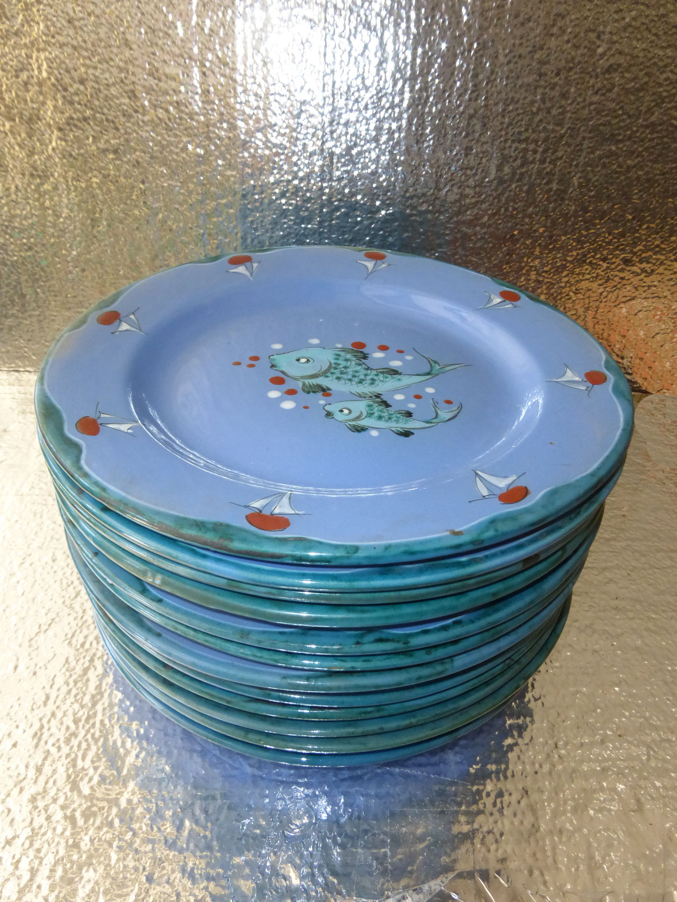 Vintage Set of Twelve Hand Painted Fish Dinnerware Plates Made in Italy