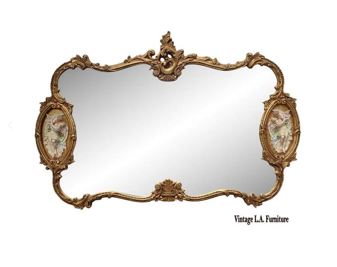 Vintage French Rococo Louis XV Gold Wall Mantle Mirror ~ Bisque Figural Lovers