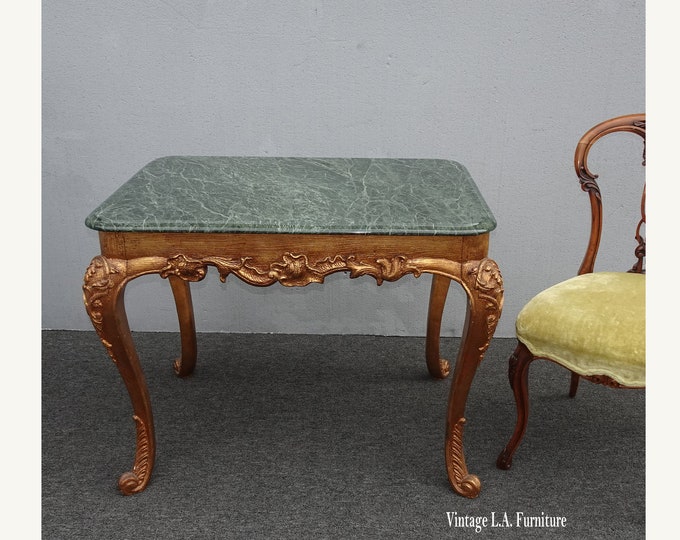 Vintage Large Ornate French Louis XVI Gold Leaf Side Table w Green Marble Top