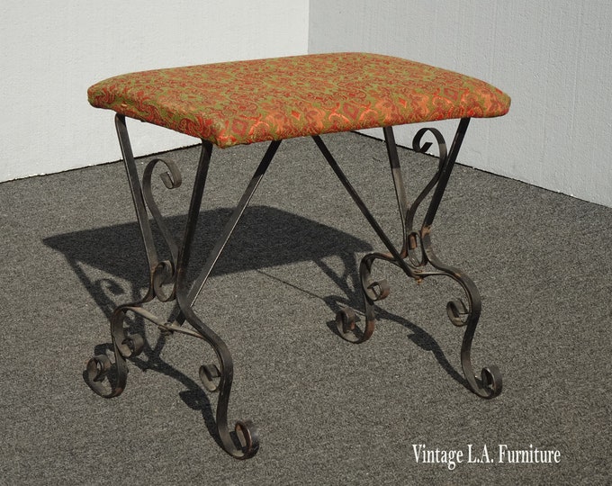 Vintage Spanish Style Black Scrolled Metal Bench w Red & Green Fabric