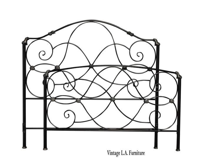 Vintage French Provincial Black Metal Queen Bed Frame Headboard