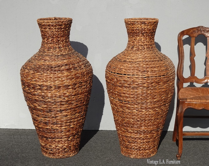 Pair of 1980's Mid Century Modern 42" Tall Rattan Wicker Vases