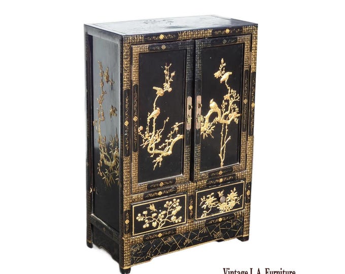 Vintage Oriental Chinese Chinoiserie Black Lacquer Cabinet w Drawers 2of2