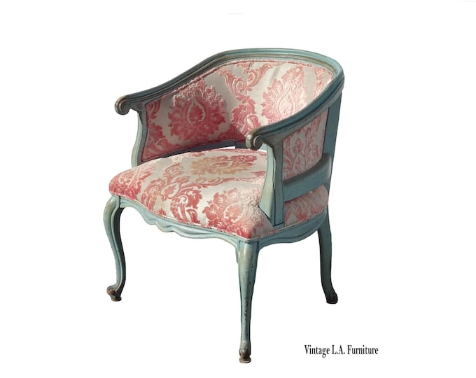 Vintage French Provincial Green w Pink Velvet Damask Side Chair