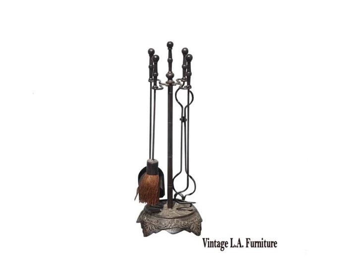 Set of Four Vintage French Country Black Cast Iron Fireplace Tools
