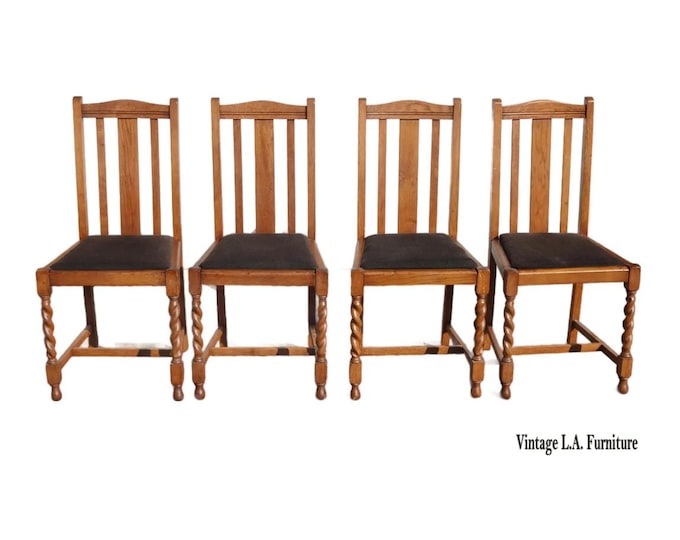 Set Four Vintage Oak Mission Style Barley Twist Oak Black Dining Room Chairs