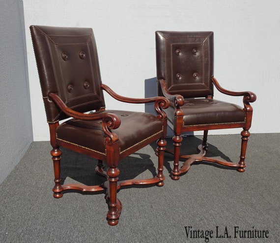 Pair Theodore Alexander Brown Leather Library Side Chairs French