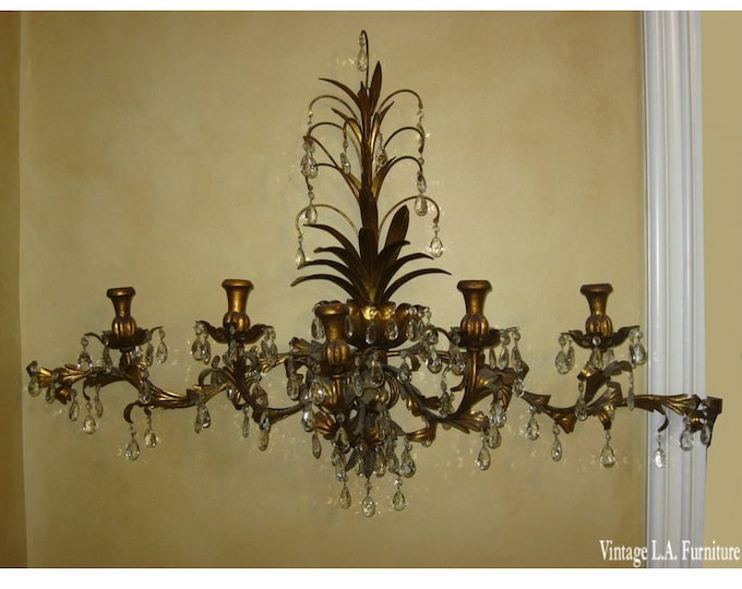 Vintage Italian Tole Wall Candelabra Sconce 49" Wide Gold Gilt 115 Crystals