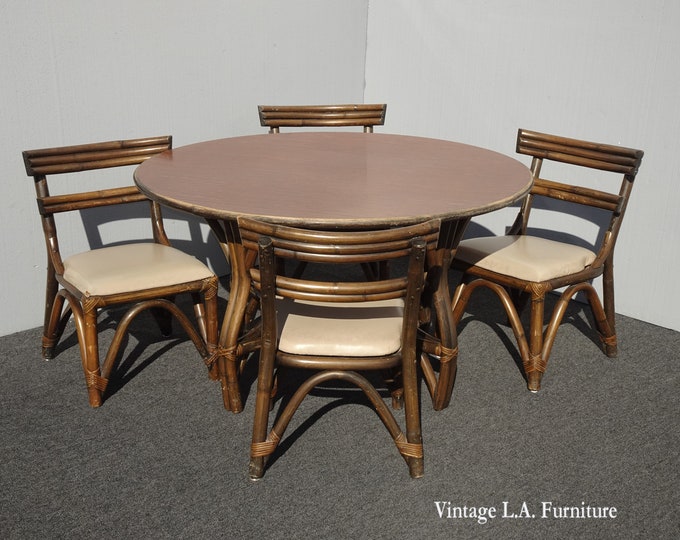 Vintage Ficks Reed Style French Country Bamboo Card Table w Four Chairs Mid Century Modern