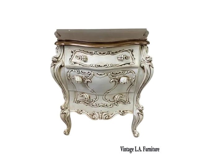 Vintage French Italian Rococo Louis XVI Style Cream Ornate Bombe Nightstand