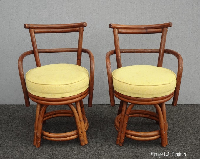 Pair of 1960's Ficks Reed Style Mid Century Modern Bamboo Yellow Swivel Chairs