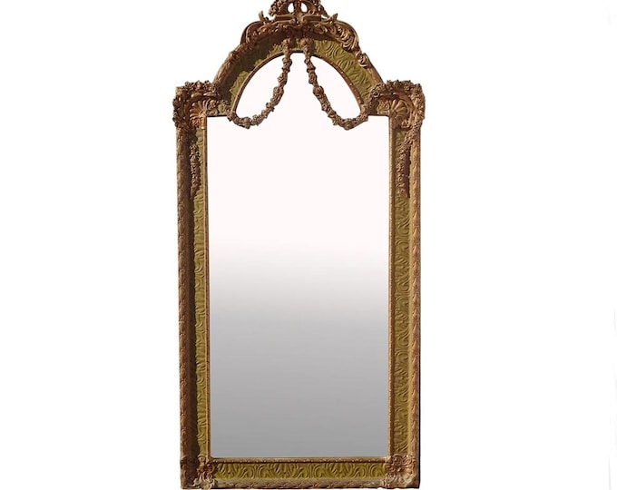 Antique French Louis XVI Green & Gold Wall Mantle Mirror w Swaged Floral Accents