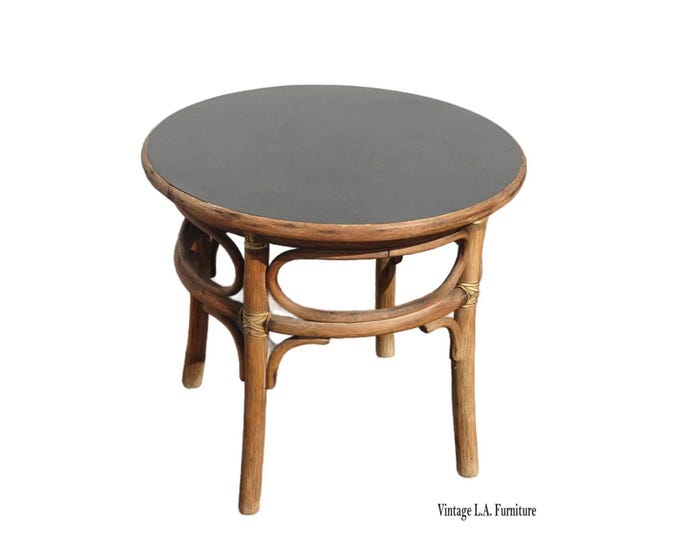 Vintage French Country McGuire Round Bamboo Rattan Side Table
