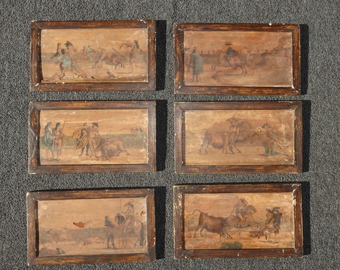 Set Six 7"x12 Antique Rustic Spanish Style Pictures of Bullfighters & Matadors