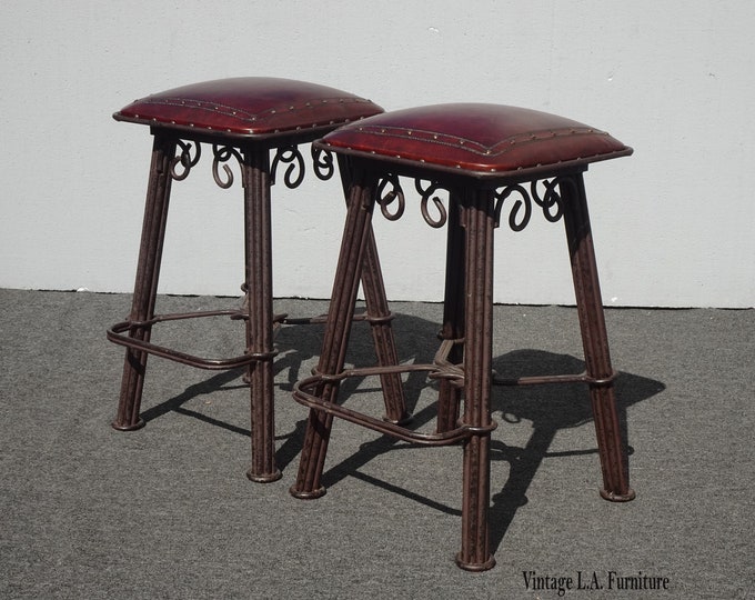Pair Vintage Ornate Wrought Iron Bar Stools Leather Seats ~ Spanish Style Clavos