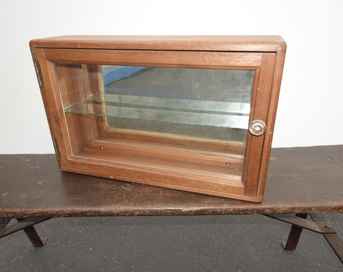 Antique Wall Mount Storage Cabinet w Two Shelves & Mirrored Back
