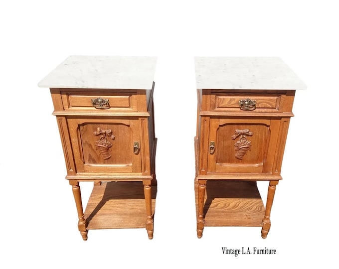 Pair Antique French Oak White Marble Top Nightstands