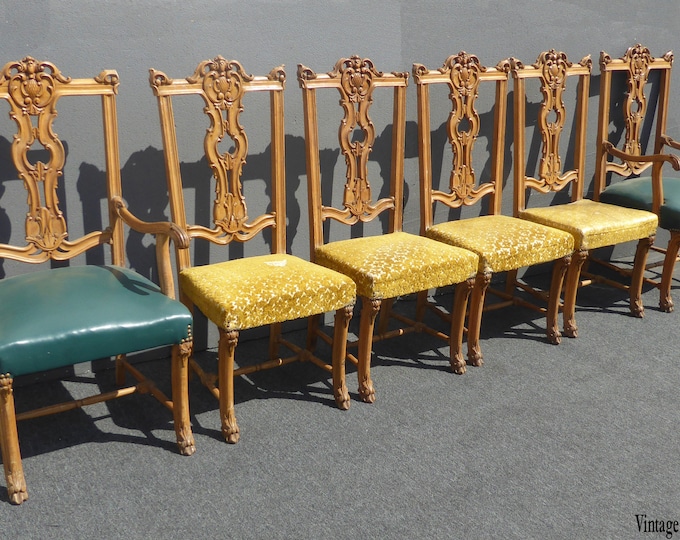 Set of Six Vintage Rococo French Provincial Ornately Carved Dining Chairs Louis