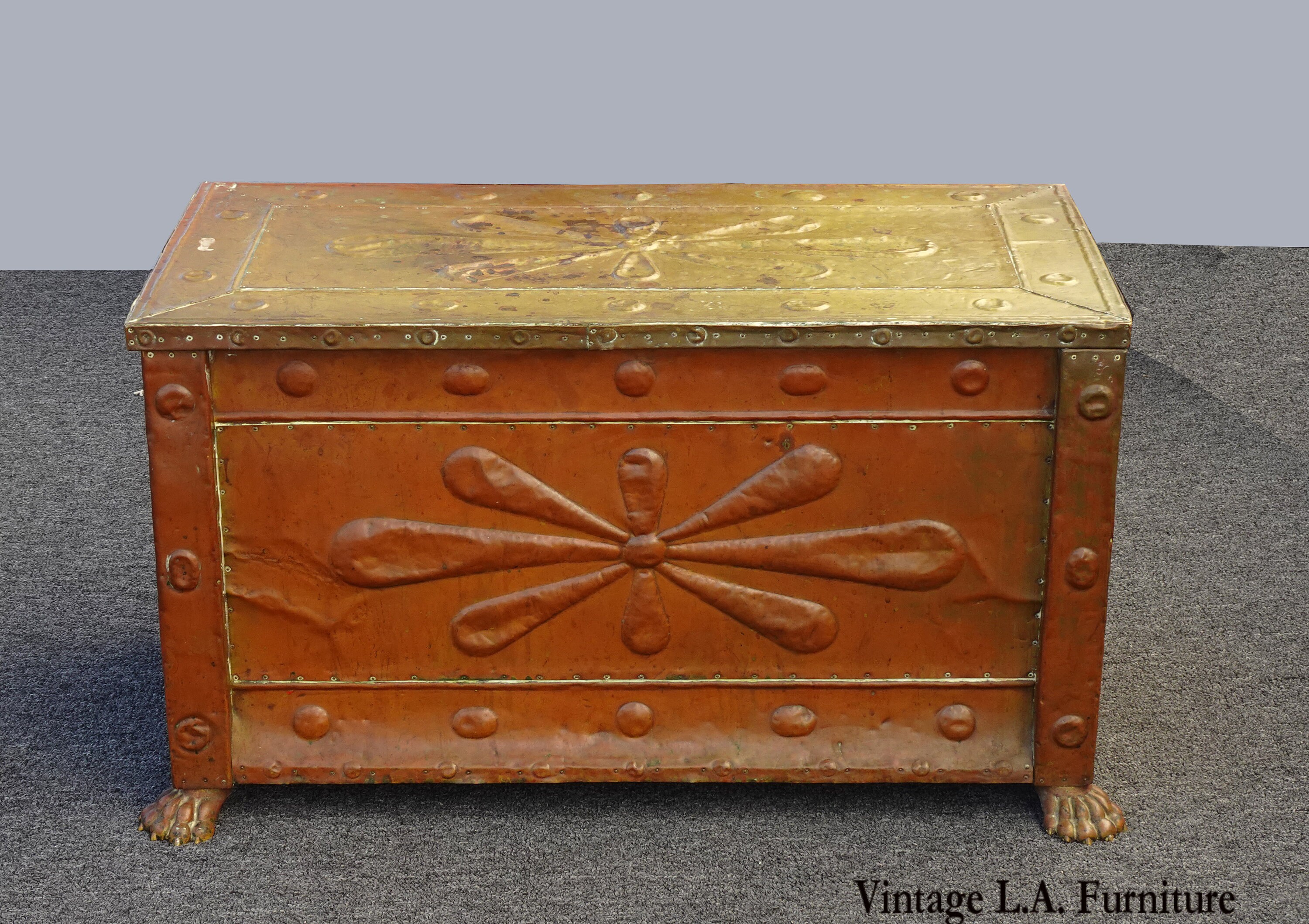 Antique French Country Copper Hope Chest Trunk with Claw Feet Coffee