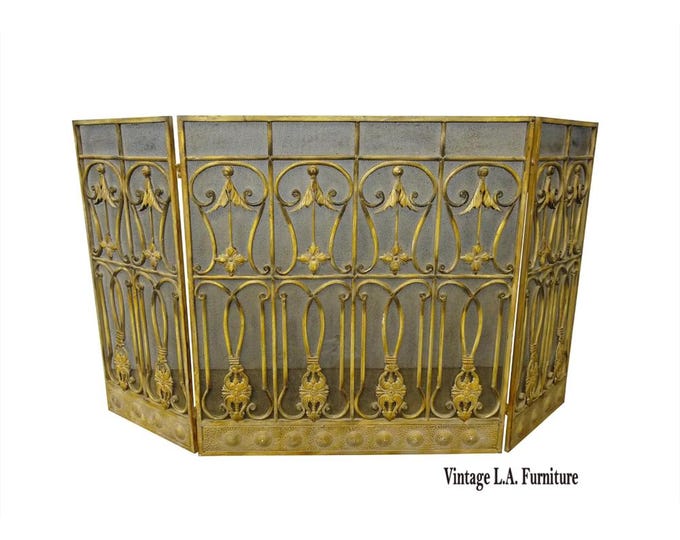 Vintage French Country Yellow Ornate Three Panel Fireplace Screen