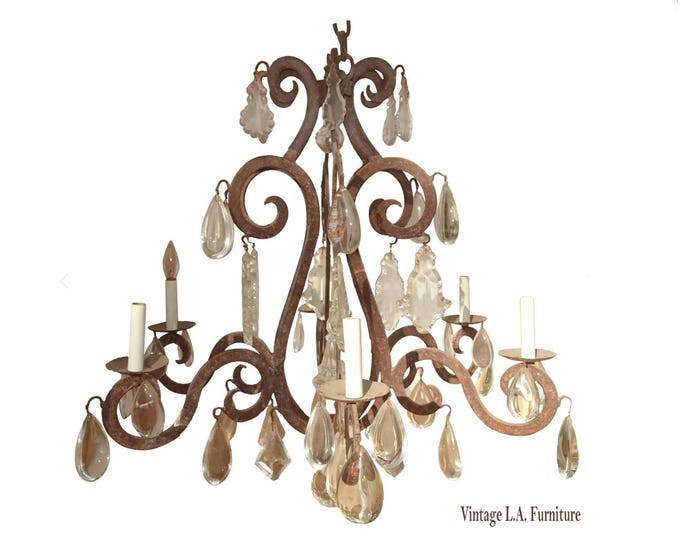 Vintage Arte de Mexico Spanish Style Hand Forged Iron & Crystal Chandelier Light
