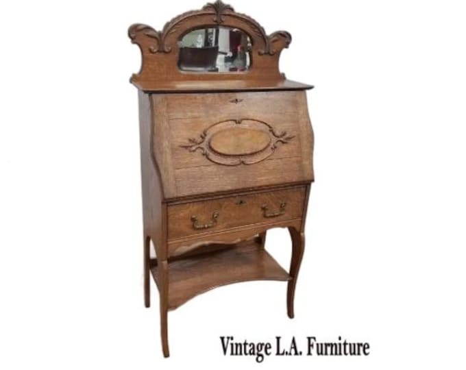 Antique Slant Front Drop Leaf Secretary Desk Quartersawn Oak with Mirror