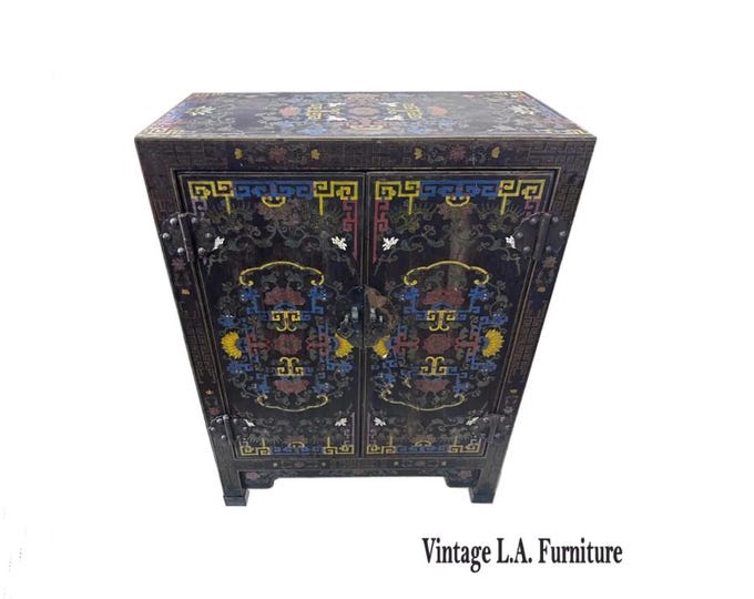 Vintage Asian Black Polychrome Chinoiserie Storage Cabinet Hand Painted Motif