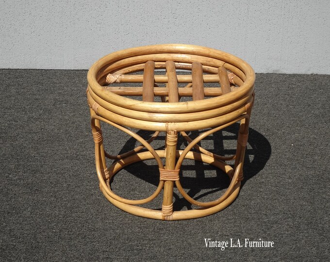 Vintage Boho Chic French Country Bamboo Rattan Ottoman Footstool