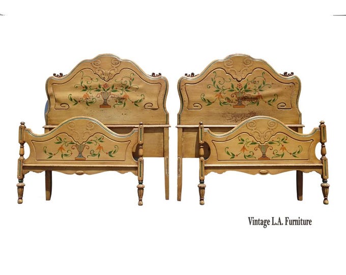 Pair Vintage French Provincial Hand Painted Gold Floral Twin Headboards w Rails