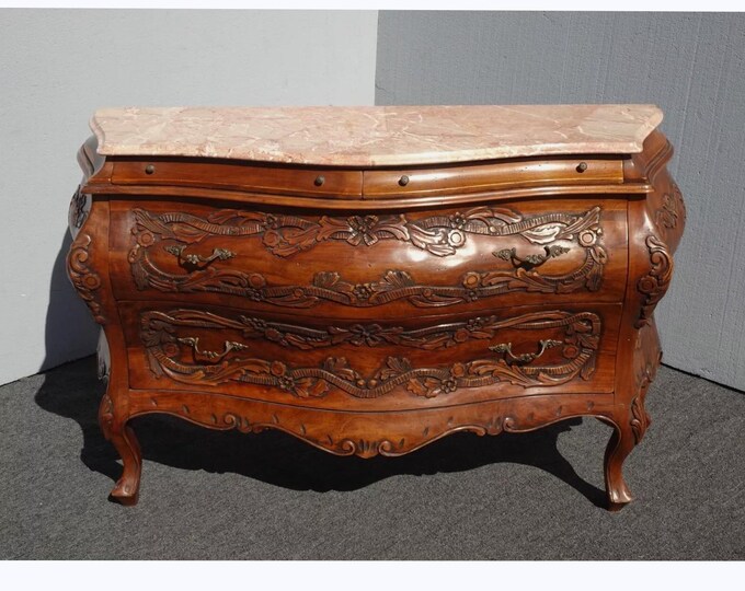 Vintage French Louis XV Highly Carved Marble Bombe Bombay Chest Buffet Made in Italy