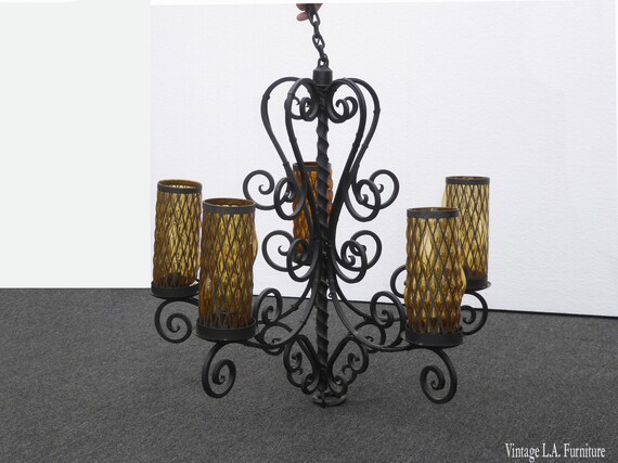 33 Tall Vintage Spanish Style Wrought Iron Chandelier Light W Gold Shades