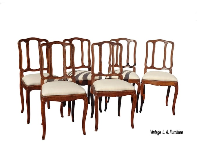 Six Vintage French Country Walnut White Dining Room Chairs