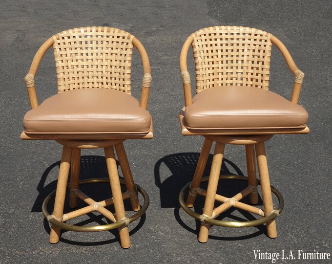 Pair Vintage McGuire Swivel Bamboo Tan Leather Barstools Bar Stools French Styl