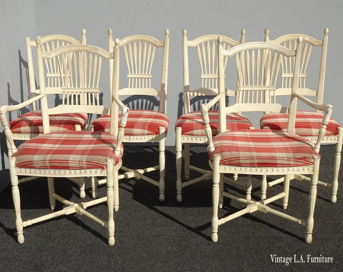 Set of Six French Country Red Plaid & Shabby Chic White Dining Chairs by Century
