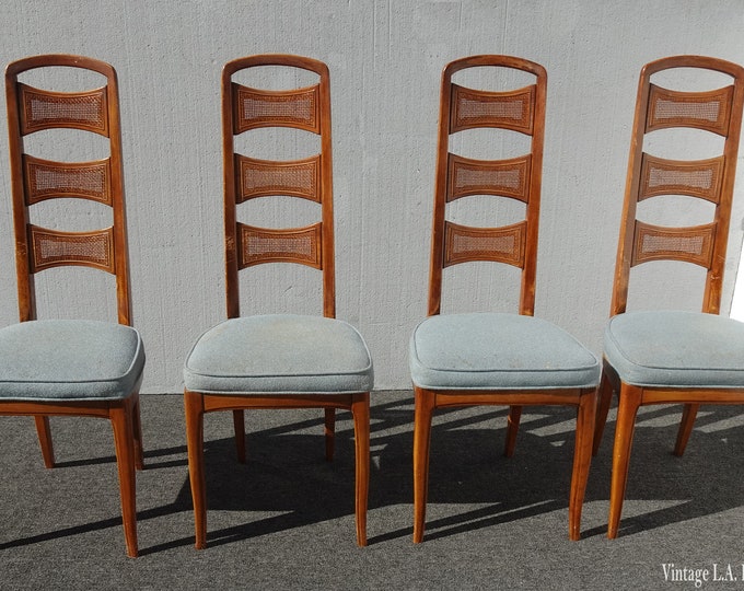 Set of Four Mid Century Tallback Blue Dining Rooms Chairs with Cane Backrests