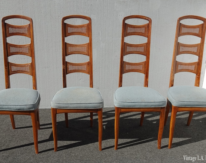 Set of Four Mid Century Tallback Blue Dining Rooms Chairs with Cane Backrests