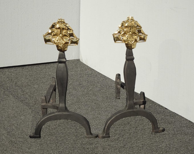 Pair Gold Brass Schooner Ships with Black Wrought Iron Base Andirons