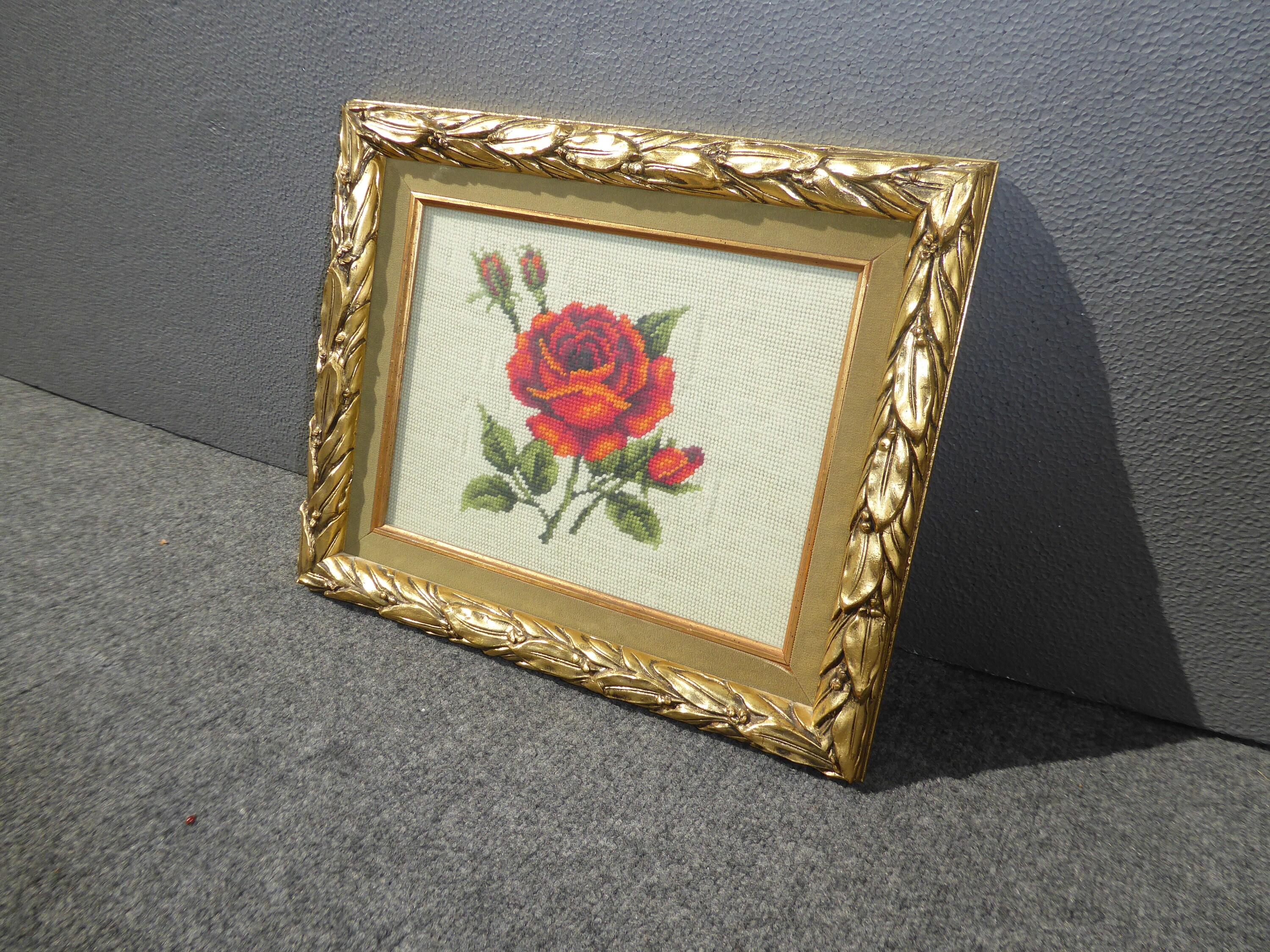 Rose Tapestry Needlepoint Picture in Gold Gilt Frame