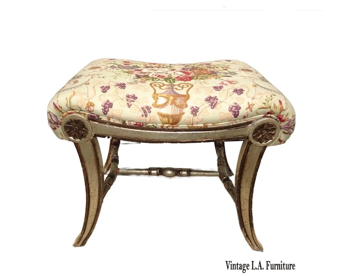 Vintage French Country Floral Bench w Silver Gilt Base 1 of 2